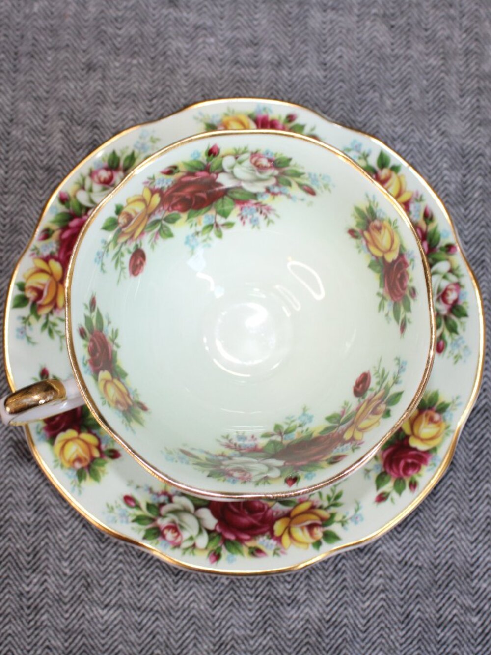 Vintage Rosina Cabbage Rose Light Blue & White Teacup & Saucer Set